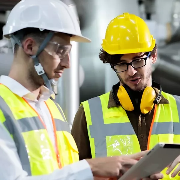 DEHN Baustelle: Zwei Bauarbeiter im Gespräch