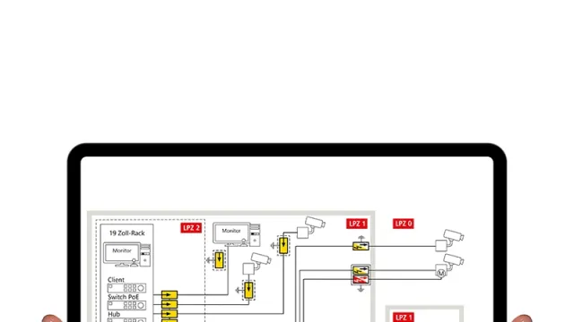 Two hands holding a tablet. The screen shows the circuit diagram of a building with surge arresters drawn on it.