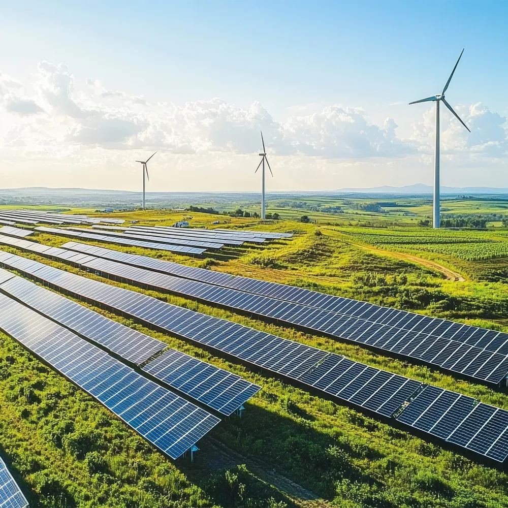 La imagen muestra un gran sistema fotovoltaico montado en el suelo en un campo verde. Al fondo se ven aerogeneradores.