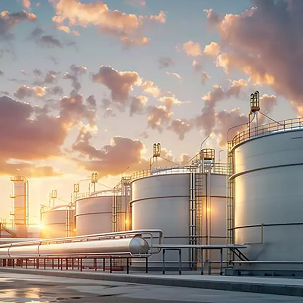 Depósitos de petróleo al atardecer, con superficies brillantes y tuberías en primer plano.