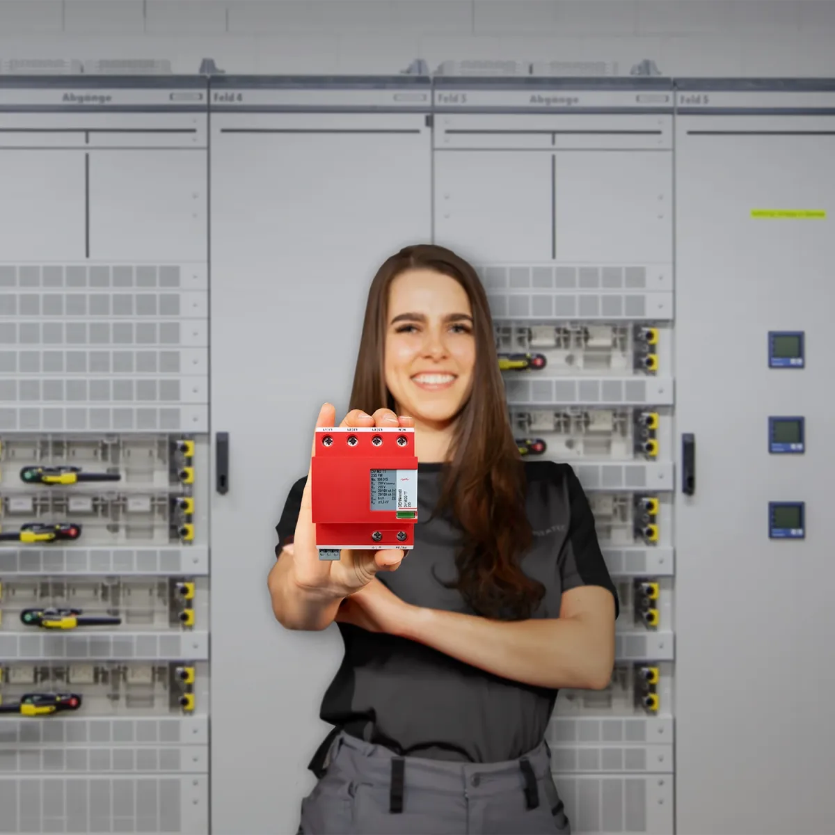 Una mujer con un descargador combinado rojo en la mano delante de una instalación de conmutación de baja tensión.