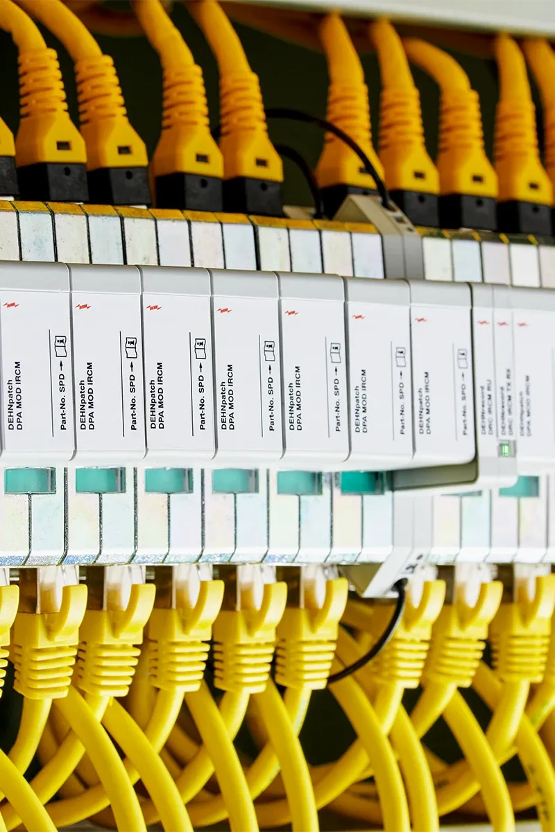 Veintidós descargadores de sobretensiones montados en serie y cableados.