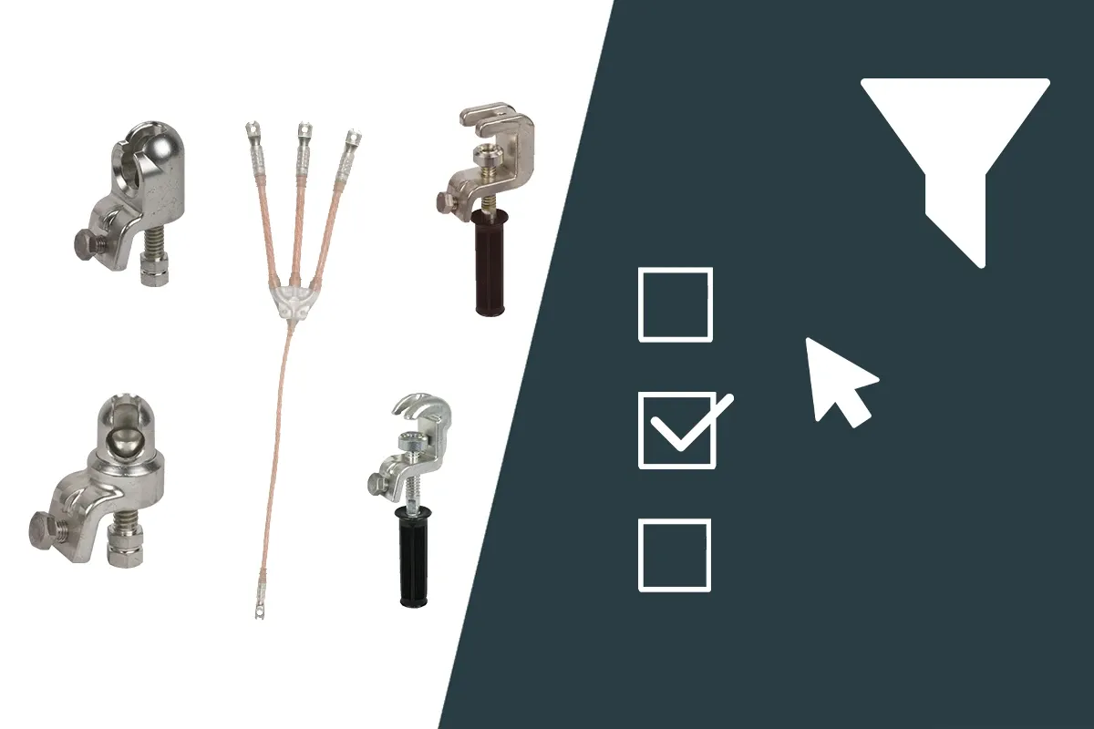 Various grounding and earthing clamps with a multi-branch grounding cable shown beside filter and selection icons.