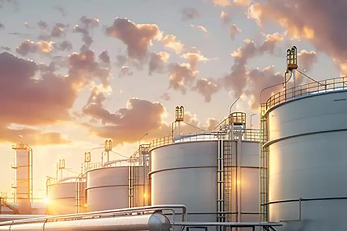 Depósitos de petróleo al atardecer, con superficies brillantes y tuberías en primer plano.